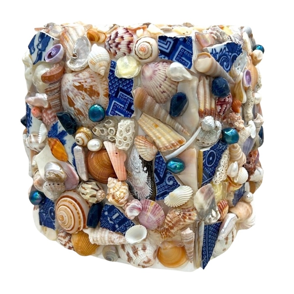 OOAK Handmade Nautical Shell Pearl Blue White Tissue Kleenex Holder Handmade